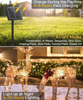 Solar panel charging in lawn with fairy lights illuminating deer sculptures, demonstrating 120LED 10Ft Solar Fairy Lights Outdoor Waterproof.