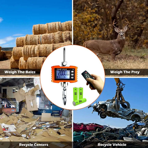 Beefy Digital Crane Scale With 1000 Kg Capacity 2200 Lb High Precision 0.2 Kg Increments Aluminum Case Remote Control CE Certified Industrial Hanging Scale For Garage Farm And Hunting Orange, remote and AA batteries shown with images of hay bales, a deer, recycling center, and vehicle recycling.