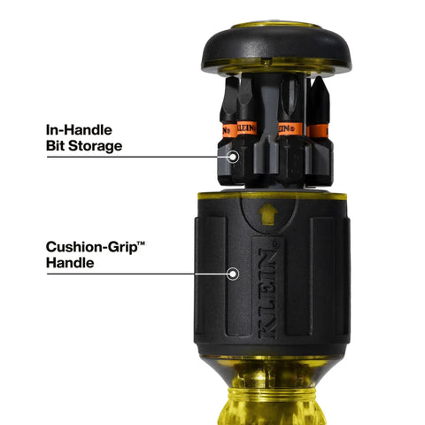 Close-up of 8-In-1 Stubby Screwdriver With Magnetic Handle, Impact Rated, showing in-handle bit storage and cushion-grip handle.