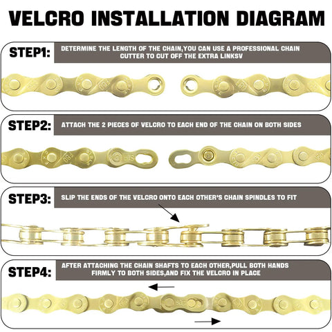Gold 6 To 12 Speed Bike Chain installation steps with velcro method illustration.