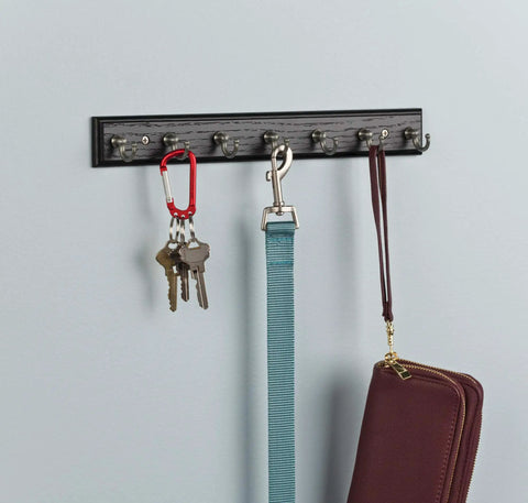 Black Wall Mount Key Rack With 7 Hooks For Hallway And Entry, 14 Inch Key Organizer Rail In Satin Nickel Finish holding keys and purse