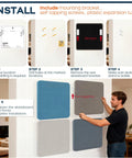 Installation steps for Rock Solid Four Pack Fabric Acoustic Wall Panels, showing mounting brackets and screw setup.