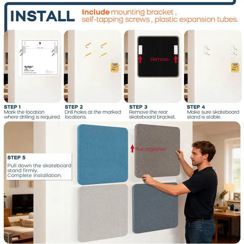 Installation steps for Rock Solid Four Pack Fabric Acoustic Wall Panels, showing mounting brackets and screw setup.