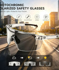 Top Shelf Photochromic Safety Glasses With UV400 Polarized Lenses for glare-free vision on a sunny urban street.