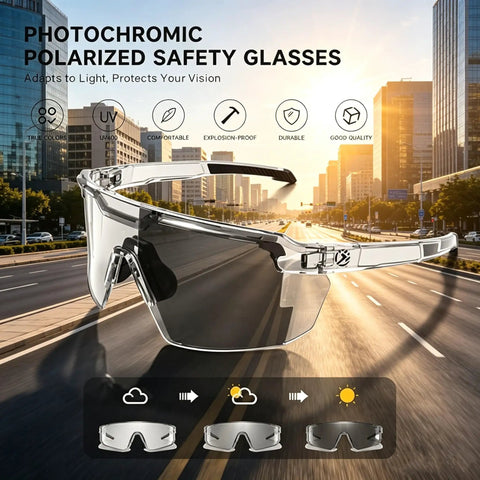 Top Shelf Photochromic Safety Glasses With UV400 Polarized Lenses for glare-free vision on a sunny urban street.