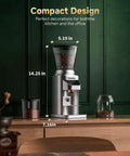 Silver Conical Burr Coffee Grinder For Home Use With 34 Grind Settings, 40mm Stainless Steel Burr, shown with dimensions on countertop.