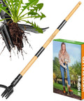 Stand Up Weed Puller Tool With Long Handle And Foot Platform Heavy Duty 4 Claw Steel Head Weeder Bamboo Garden Hand Weeding Tool for Easy No Kneel Weed Removal In The Yard, shown pulling weed from soil, with packaging box display.