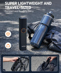 L8 Electric Bike Pump Portable Tire Inflator With Pressure Gauge Auto Shut Off 150 PSI beside a water bottle on ground