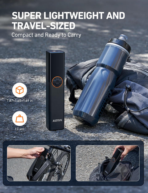 L8 Electric Bike Pump Portable Tire Inflator With Pressure Gauge Auto Shut Off 150 PSI beside a water bottle on ground