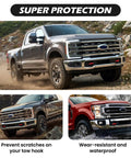 Ford Super Duty truck with Red Tow Hook Covers for Ford Super Duty F250 F350 F450 2017 2026 Hitch Cover Set on rocky terrain