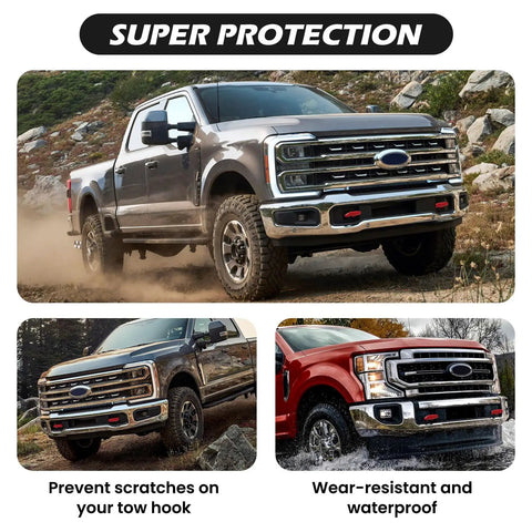 Ford Super Duty truck with Red Tow Hook Covers for Ford Super Duty F250 F350 F450 2017 2026 Hitch Cover Set on rocky terrain