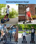 People using scooters, hoverboards, and bikes outdoors in urban and park settings. Universal replacement charger for mobility devices.