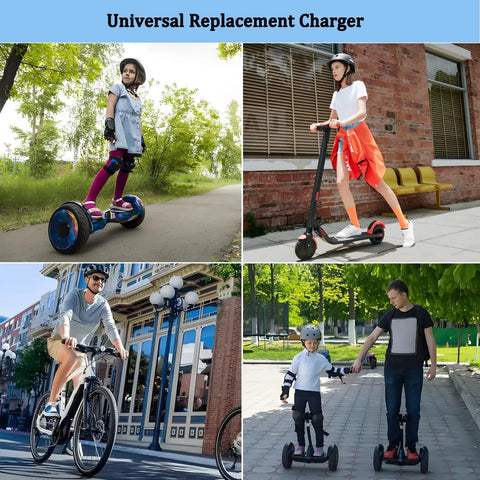 People using scooters, hoverboards, and bikes outdoors in urban and park settings. Universal replacement charger for mobility devices.