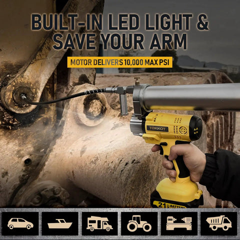 Powerful 14,000 PSI Cordless Grease Gun Kit With Two Batteries, 21 Inch Flexible Hose, LED Light, lubricating machine part