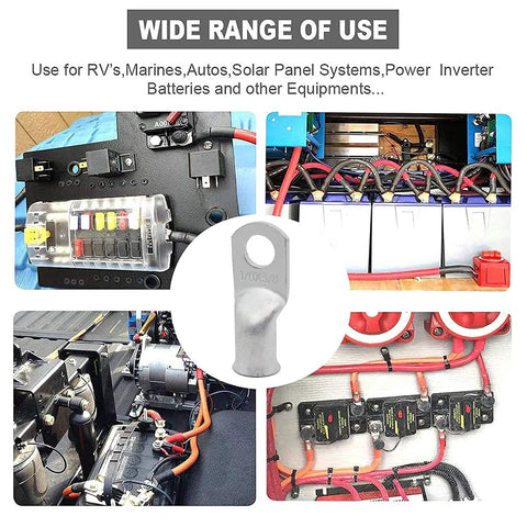 6 AWG to One Quarter Inch Ring Terminals Marine Grade Tinned Copper Battery Cable Lugs Set Tough as Nails Heavy Duty 10 Pack With Dual Wall Adhesive Heat Shrink Tubing In Red And Black used in RV, marine, solar, and battery wiring