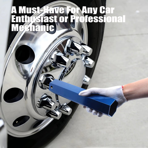 Blue 33 mm lug nut cover remover tool being used on a chrome semi-truck wheel.