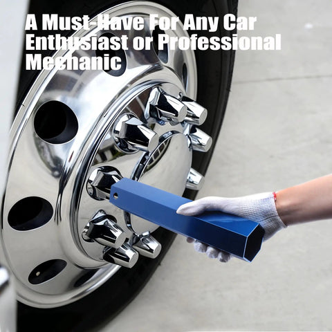 Person using Aluminum 33mm Lug Nut Cover Removal Tool Socket For Semi Truck Trailer on chrome wheel, hex shape blue design.