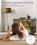 Woman using Remote Control Outlet Kit With 200-Ft Long-Range Wireless Light Switch in a living room setting
