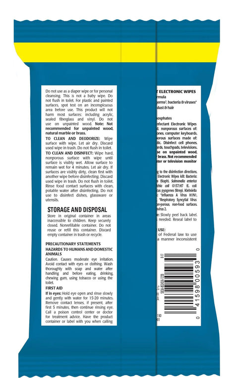 Back view of pack for Disinfecting Electronic Wipes For Screens And Devices Keep Your Gadgets Clean On Laptops Computers Tablets And TVs With A Safe Quick Dry Formula And Wipe Then Air Dry Convenience For Non Porous Surfaces