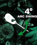 One Quarter Inch Drive Ratchet Handle With Pear Head For Tight Spots, 90 Tooth Smooth Ratcheting, shown during use in engine
