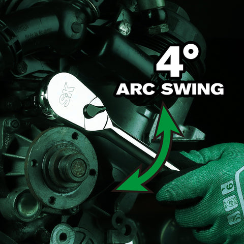One Quarter Inch Drive Ratchet Handle With Pear Head For Tight Spots, 90 Tooth Smooth Ratcheting, shown during use in engine