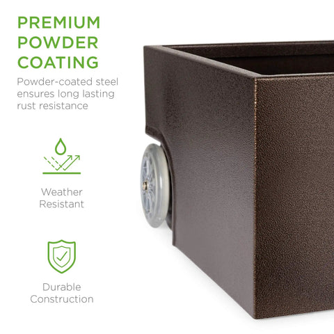 Close-up of Portable Steel Umbrella Base With Fillable Planter, showing powder-coated steel surface and wheel.