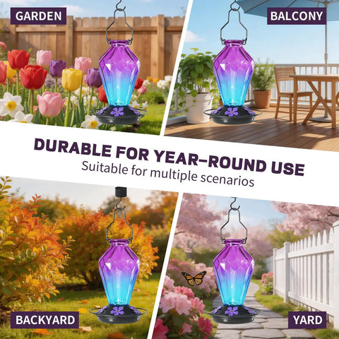 Outdoor Hummingbird Nectar Feeder 25 Oz With Perch And 5 Flower Ports No Fuss Easy Fill Leak Proof Base Diamond Purple