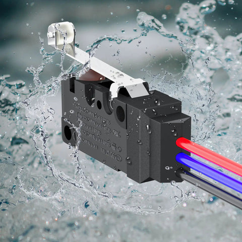 Waterproof Micro Limit Switch With Long Roller Lever SPDT 3 Pin Pre Wired 10A 125 250V 2 Pack design in water background.