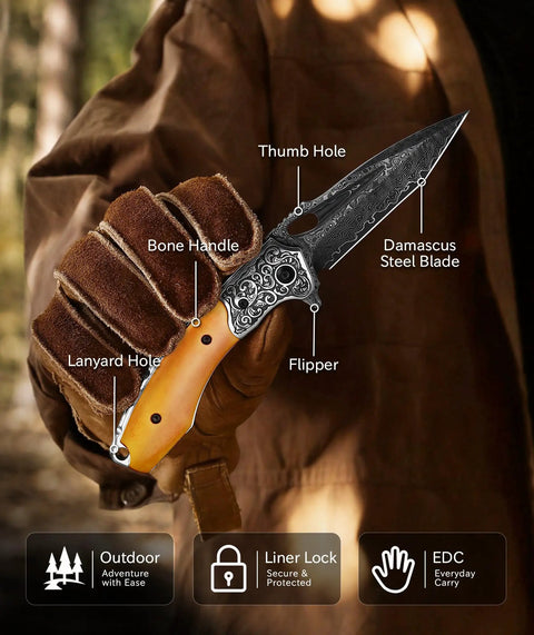 Damascus Pocket Knife 76-Layer Blade VG-10 Core Folding Knife For Camping And Outdoor Adventures held in hand