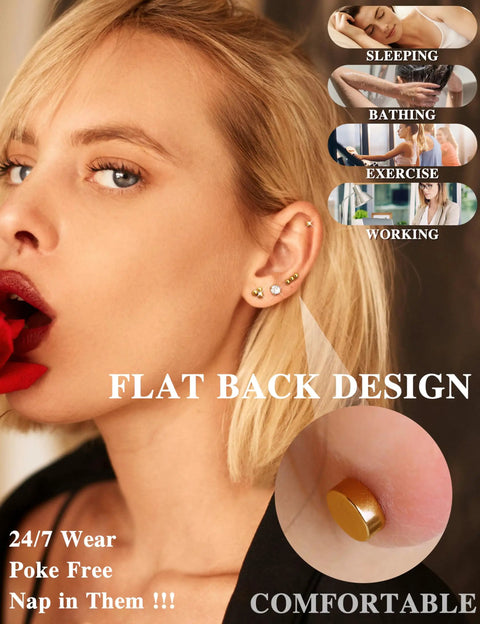 Hypoallergenic Surgical Steel Earrings Set With 14K Gold Plated Flat Back Studs And Small Hoop Cartilage Earring Stacks For Women And Men Great For Helix And Tragus Piercings First Or Second Holes Lightweight And Dainty, gold flat-back studs in ear