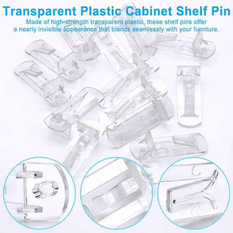 24 Pack Clear Plastic Self Locking Shelf Pegs Zero Hassle Install Cabinet Pins Fit Like A Glove For Kitchen Wood Shelves Bookcases Closets Solid Grip Home Organization Storage Fixtures shown from multiple angles on a white background.