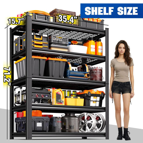 Heavy Duty Adjustable Metal Garage Shelving Unit For Basement, Pantry, Warehouse, Built To Last Sturdy Steel Storage Racks With 35.4 Inch Width, 15.7 Inch Depth, 71.2 Inch Tall, Space Saving Organizer, black 5-tier shelf