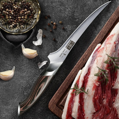 7 Inch Fillet Knife Razor Sharp Boning Knife In High Carbon Stainless Steel Pro Grade Japanese Style Fish Knife next to meat