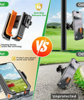 Comparison of 2-In-1 Golf Cart Phone Holder Mount With Magnetic Base And Vise Clamp vs standard mounts on golf course.