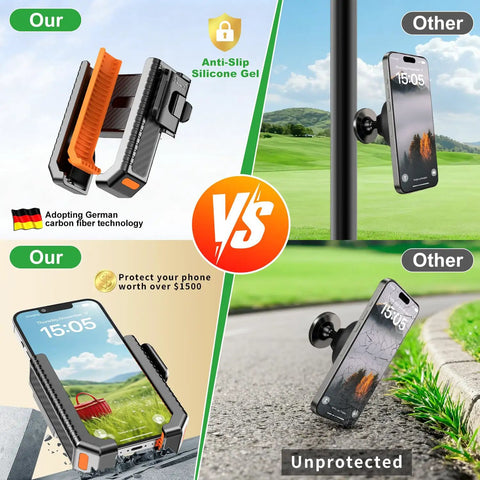 Comparison of 2-In-1 Golf Cart Phone Holder Mount With Magnetic Base And Vise Clamp vs standard mounts on golf course.