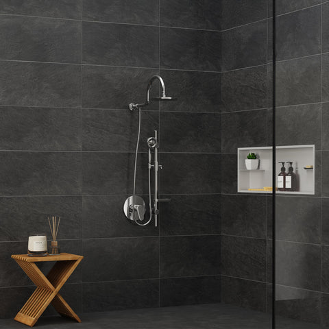 Rain Shower Head With Handheld Sprayer Set, 8 Inch Chrome Showerhead And Hose, installed in modern tile bathroom corner.