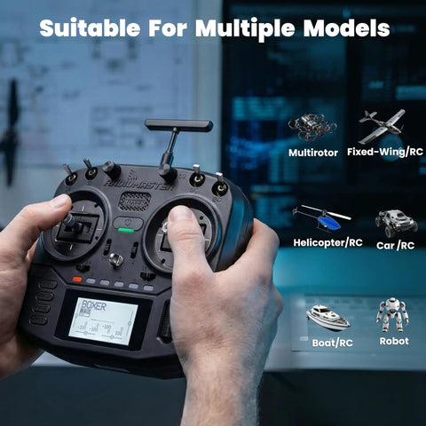 Hands holding 16 Channel ELRS Transmitter With Hall Gimbals And Carrying Case ExpressLRS 1000Hz Ready EdgeTX Firmware Mode 2 Radio
