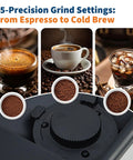 Top Shelf Espresso Coffee Maker With Handy Milk Frother And Adjustable Grinding Blades For Home Baristas with grind settings for espresso and cold brew.