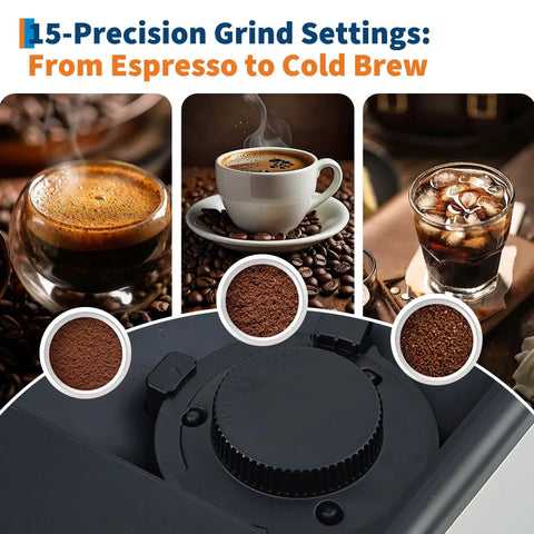 Top Shelf Espresso Coffee Maker With Handy Milk Frother And Adjustable Grinding Blades For Home Baristas with grind settings for espresso and cold brew.