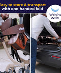 Slick Folding Rollator Walker With Super Comfy Padded Seat And Reliable Hand Brakes Butter Smooth Ten Inch Wheels Aluminum Frame Built Tough For Easy Mobility And Chill Daily Strolls In Classic Champagne, easily folded for transport.