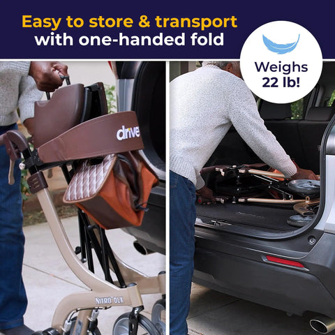 Slick Folding Rollator Walker With Super Comfy Padded Seat And Reliable Hand Brakes Butter Smooth Ten Inch Wheels Aluminum Frame Built Tough For Easy Mobility And Chill Daily Strolls In Classic Champagne, easily folded for transport.