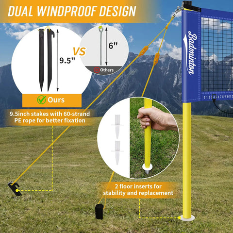 Regulation 20Ft Badminton Net Set For Backyard Portable Outdoor Play With Heavy Duty Steel Poles Windproof Stakes And Ropes