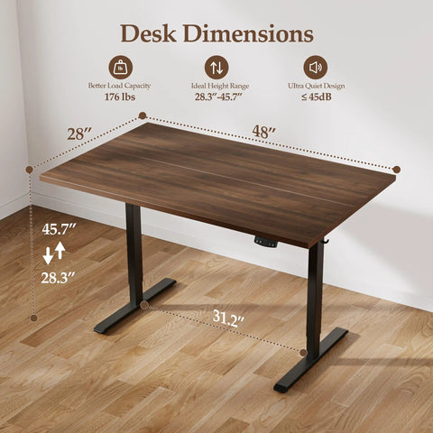 Desk dimensions for Klicelor 48 x 28 Electric Standing Desk With Memory Presets And Hooks, showing 48" x 28" size and height range.