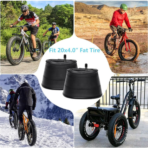 20X4.0 Bike Inner Tubes With Schrader Valve Butyl Rubber Replacement Tubes For 20 Inch E Bikes Road And Mountain Bikes Fits Most 20 Inch Tires And Electric Scooters Two Pack with bikes and riders in various terrains