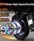 Foldable Electric Bike For Adults And Teens, Hits 23 MPH With Pedal Assist, 38 Mile Range, Powerful 500W Motor, 48V 12Ah Battery, 14 Inch Folding Ebike, 3 Speed Modes, City Commuter Ready 500W brushless motor wheel detail