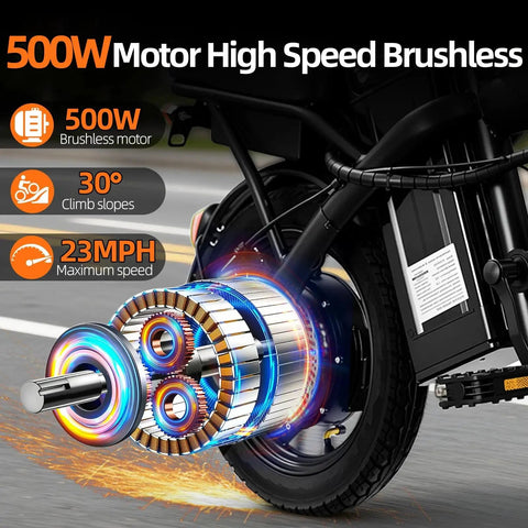 Foldable Electric Bike For Adults And Teens, Hits 23 MPH With Pedal Assist, 38 Mile Range, Powerful 500W Motor, 48V 12Ah Battery, 14 Inch Folding Ebike, 3 Speed Modes, City Commuter Ready 500W brushless motor wheel detail
