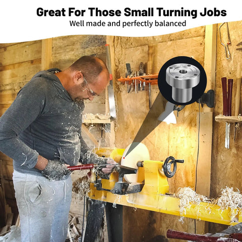 Woodturner using a lathe with 2 Inch Steel Wood Lathe Faceplate Fits 1 X 8 TPI Spindle With Screwchuck Four Mounting Holes 0.4 Inch Thick