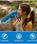 Woman drinking from 48 Oz Wide Mouth Silo Water Bottle BPA Free Durable Leak Proof Large Capacity for Hiking, Gym, and Sports.