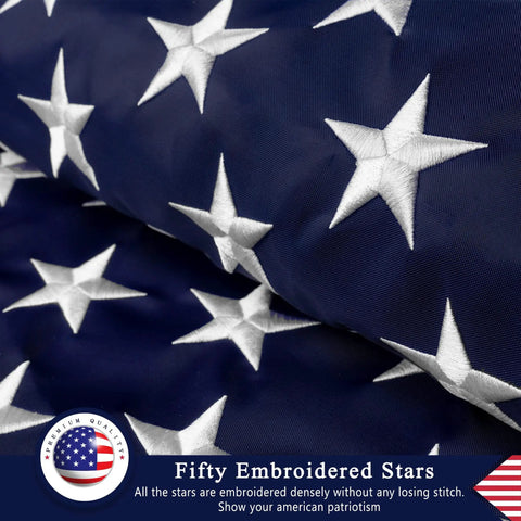 Close-up of Heavy Duty 3x5 Ft Outdoor US Flag Made From Nylon For High Wind, Fade Resistant and Waterproof with embroidered stars.