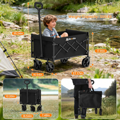 Lightweight Foldable Wagon With 360 Degree Wheels And Flexible Handle, 220 Lb Load Capacity, shown in outdoor setting